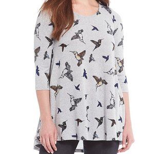 Chelsea & Theodore Scoop Neck Swing Hem Bird Print